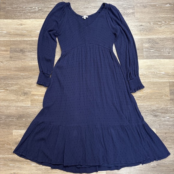 BalticBorn Dresses & Skirts - Baltic Born Lainey Smocked Bodice Swiss Dot Midi Dress Midnight Blue Size L